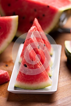 Fresh slices red watermelon on plate