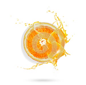 Fresh slide half of ripe orange fruit with orange juice splash w