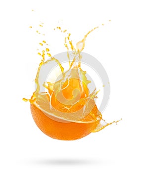 Fresh slide half of ripe orange fruit with orange juice splash w