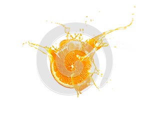 Fresh slide half of ripe orange fruit with orange juice splash water isolated on white background