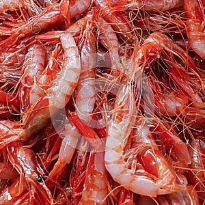 Fresh small red shrimp, seafood, carabinieri. Natural background