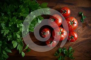 Fresh small ripe tomatoes on table with greenery. Generative AI