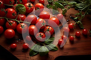 Fresh small ripe tomatoes on table with greenery. Generative AI