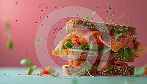 Fresh Smoked Salmon Sandwich on Whole Grain Bread with Lettuce, Herbs, and Flying Ingredients on a Pastel Background