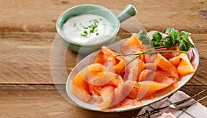 Fresh smoked salmon slices, a gourmet delicacy