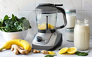 Fresh Smoothie Ingredients With Blender in a Bright Kitchen in the Morning
