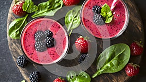 Fresh smoothie mixed berries spinach and yogurt photo
