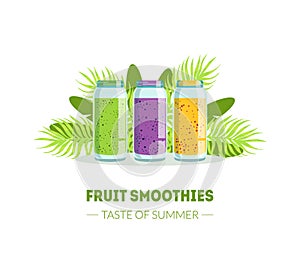 Fresh Smoothies Taste of Summer Banner Template with Vitamin Drink Cocktails, Natural Vegetarian Healthy Food