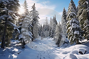 fresh snow blanketing a high-altitude pine forest