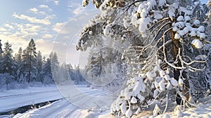 Fresh Snow Blankets the Landscape, Complementing the Forest Trees, Quiet Canal, and Winding Road