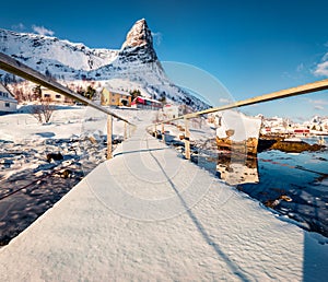 Fresh snow covered footpath bridge over Gravdalbukta bay.