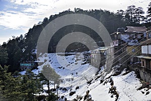 Fresh snow covered valley and housea in Himalaya