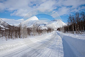 Fresh snow on the Troms county after a short winter in May. A beautiful frosty landscape in winter Winter landscape in norway.