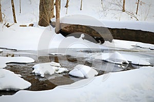 Fresh snowfall and a small creek or stream in the wintertime