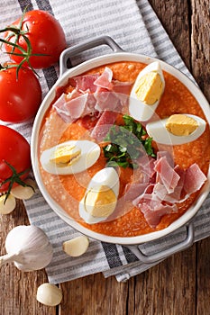 Fresh Spanish Antequera Porra vegetable soup with boiled eggs an photo