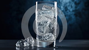 Fresh sparkling water cool and ice cube in glass tall on dark blurred background.