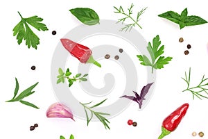 Fresh spices and herbs on white background. Dill parsley basil thyme chili peppercorns garlic. Top view