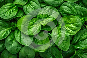 Fresh spinach leaves background. Top view, flat lay, copy space