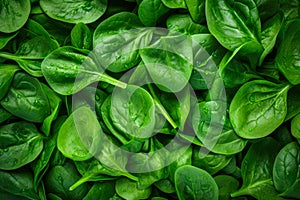 Fresh spinach leaves background. Top view, flat lay, copy space