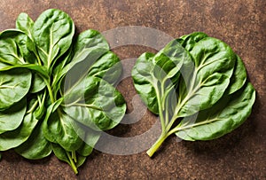Fresh spinach leaves neatly arranged on a textured brown background. AI generated.
