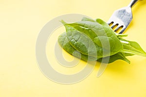 Fresh spinach leaves strung on a fork. Healthy eating concept