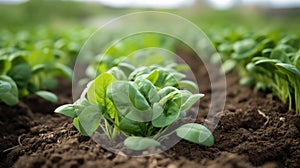Fresh spinach plants growing in the vegetable garden. Generative AI