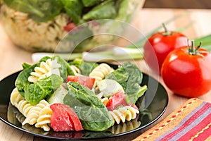 Fresh spinach and rotini pasta salad