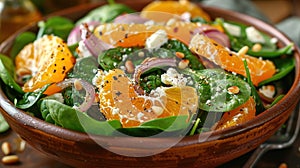 Fresh spinach salad with oranges, feta (ricotta) cheese, red onion and pine nuts