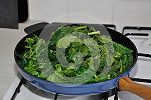 Fresh spinachs on a pan photo