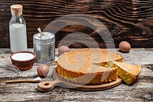 Fresh sponge cake biscuit on wooden background. Bakery background concept. banner, menu recipe place for text, top view