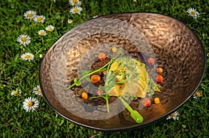 Fresh spring appetizer with cheese and herbs served on green grass with flowers, product photography for restaurant