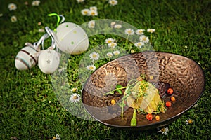 Fresh spring appetizer with cheese and herbs served on green grass with flowers, product photography for restaurant