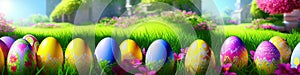 Fresh spring background with easter eggs banner green juicy meadow. Colored Easter eggs hidden