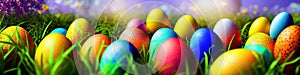 Fresh spring background with easter eggs banner green juicy meadow. Colored Easter eggs hidden flowers grass.Easter