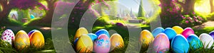 Fresh spring background with easter eggs banner green juicy meadow. Colored Easter eggs hidden flowers grass.Easter