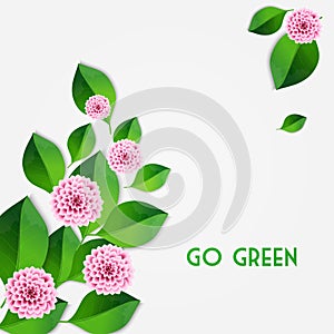 Fresh spring background with green leaves and pink dahlia. Vector