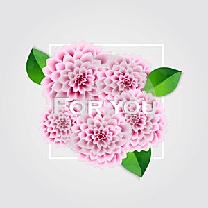 Fresh spring background with green leaves and pink dahlia. Vintage greeting card. Vector.