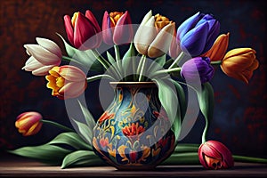 Fresh spring colorful bouquet of tulips in vase standing on black background with light classic design living room background.