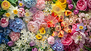 Fresh spring flower arrangement with daffodils, tulips, peonies, hydrangea, narcissus. Floral background