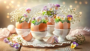 Fresh Spring Flowers in Eggshell Vases. Celebration spring holiday Easter, Spring Equinox day, Ostara Sabbat photo