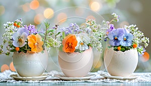 Fresh Spring Flowers in Eggshell Vases. Celebration spring holiday Easter, Spring Equinox day, Ostara Sabbat