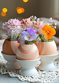 Fresh Spring Flowers in Eggshell Vases. Celebration spring holiday Easter, Spring Equinox day, Ostara Sabbat