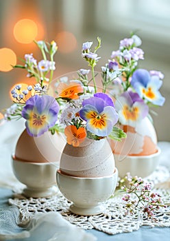 Fresh Spring Flowers in Eggshell Vases. Celebration spring holiday Easter, Spring Equinox day, Ostara Sabbat