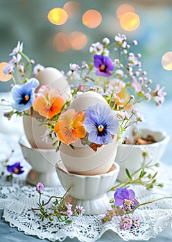 Fresh Spring Flowers in Eggshell Vases. Celebration spring holiday Easter, Spring Equinox day, Ostara Sabbat