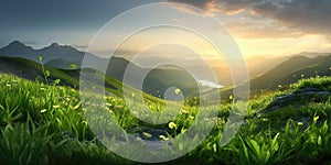 Fresh spring grass sprouts in rays of back rising sun beautiful mountain landscape, concept of Green growth