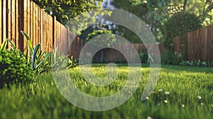 Fresh spring green grass and leaf plant over wood fence background