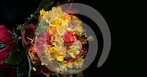 Fresh spring holiday bouquet of yellow freesias and roses on a black background with copy space