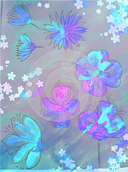 Fresh spring patterns of paints, colors, dyes. Background with neon floral motifs roses, daisy, poppies.