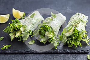 Fresh spring rolls with avocado, healthy vegan food