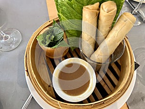 Fresh Spring Rolls with Honey Sauce and Mint Leaves